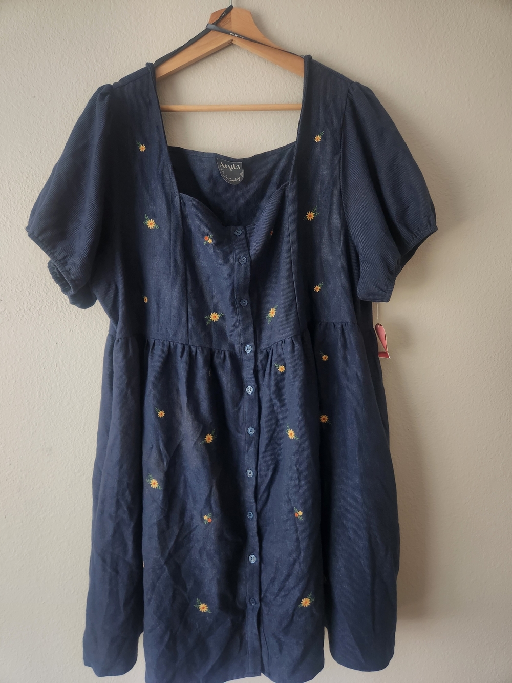 ARULA Navy Puff-Sleeve Button-Front Mini Dress with Embroidered Yellow Flowers - Picture 2 of 5